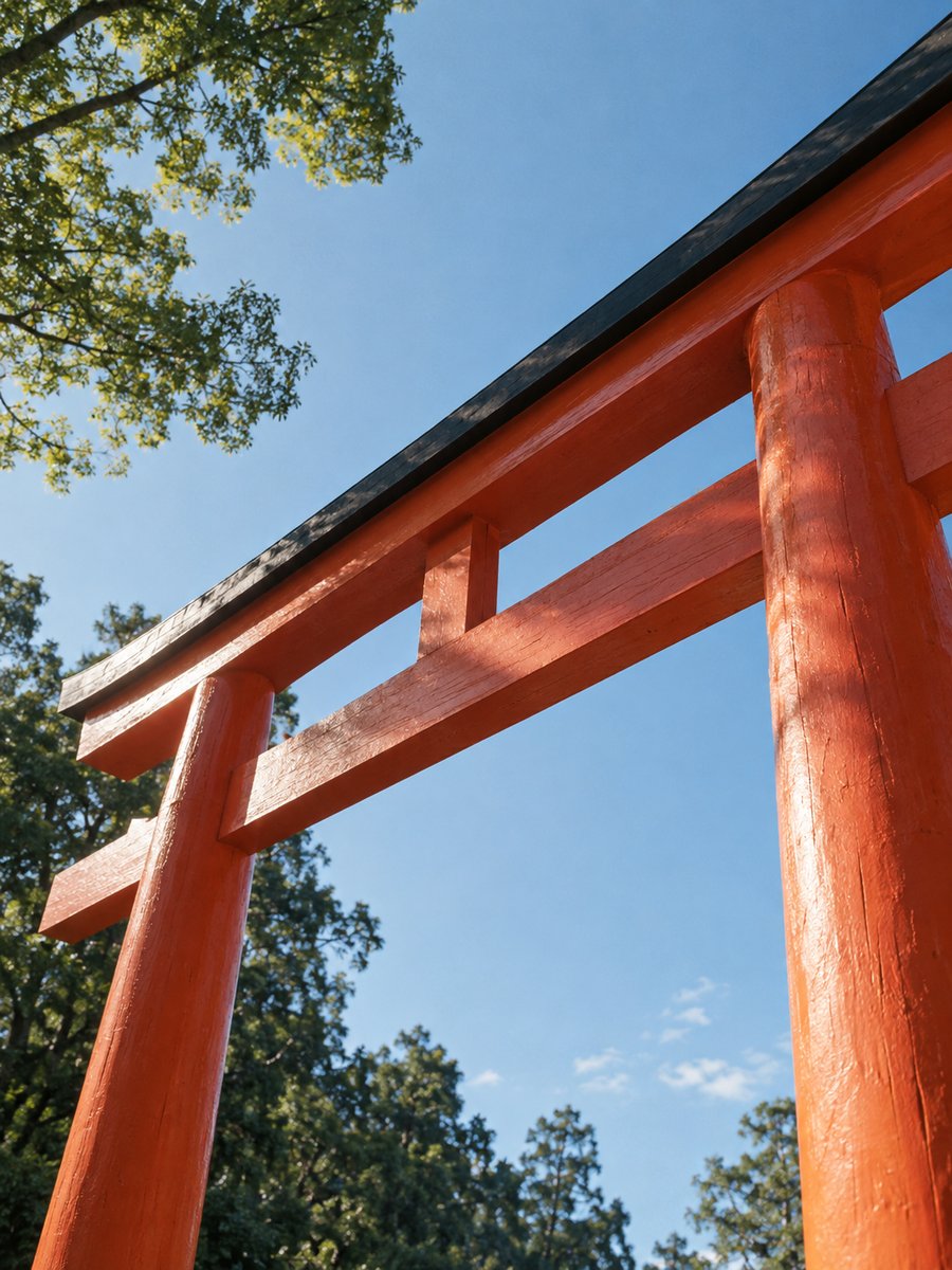 青空を背景にした朱色の鳥居