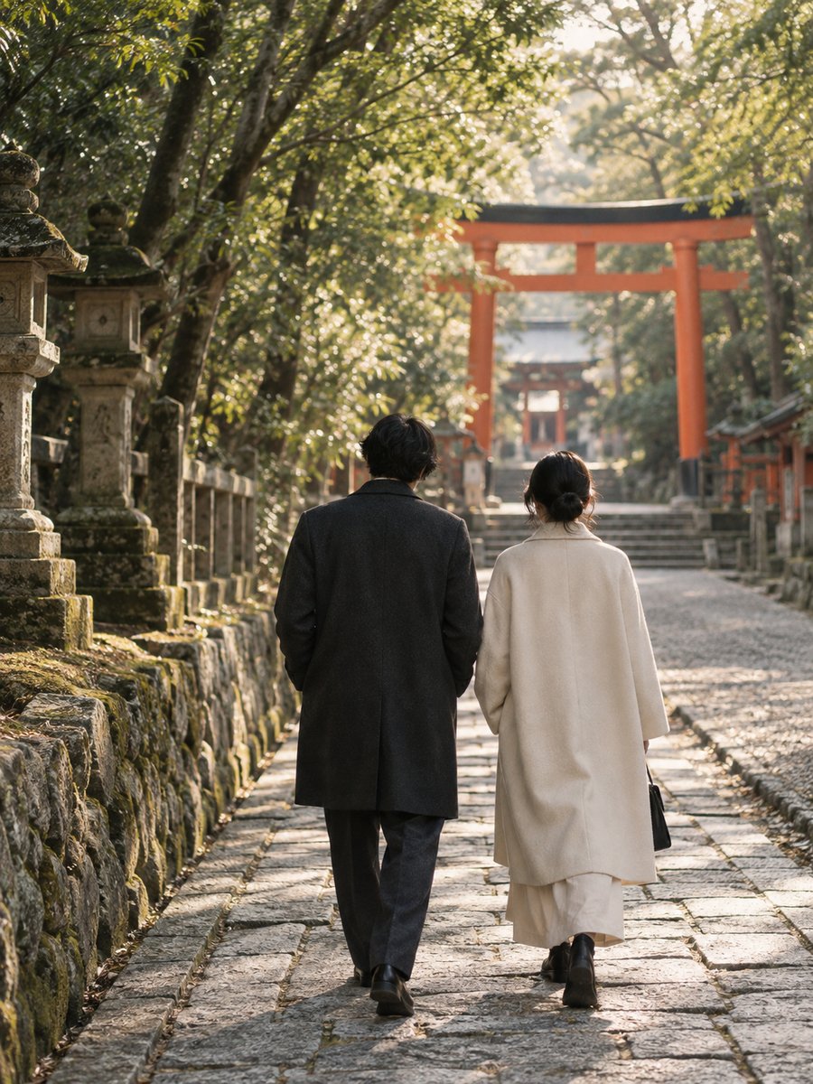 神社の参道を並んで歩く二人